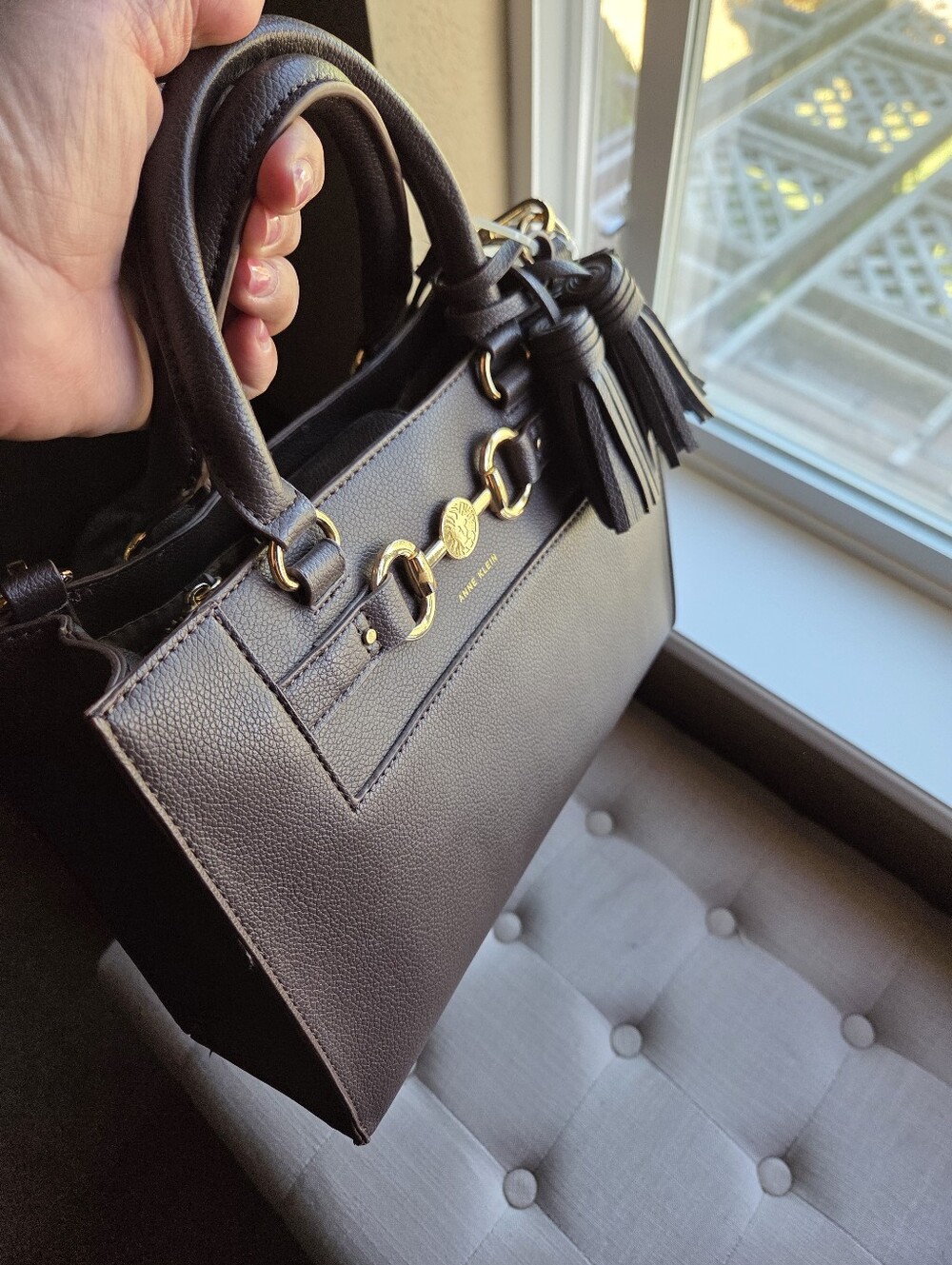 Anne Klein Satchell Cross Body Bag Espresso With Gold Accents